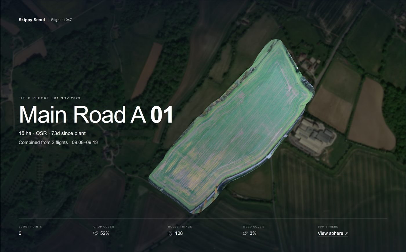 A Skippy field report cover: the field on the map with headline figures, combined from two flights